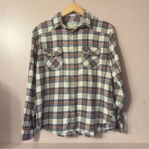 Lucky Brand Pearl Snap Flannel Shirt Plaid Blue Cream Mens Size XL